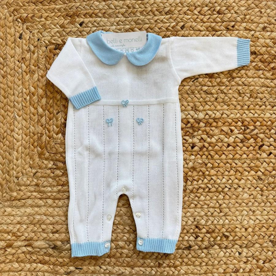 Tutina neonato 100% cotone panna con fiocchi azzurri