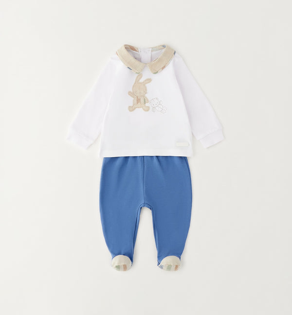 Tutina neonato 100% cotone bianca e azzurra con ricamo coniglietto