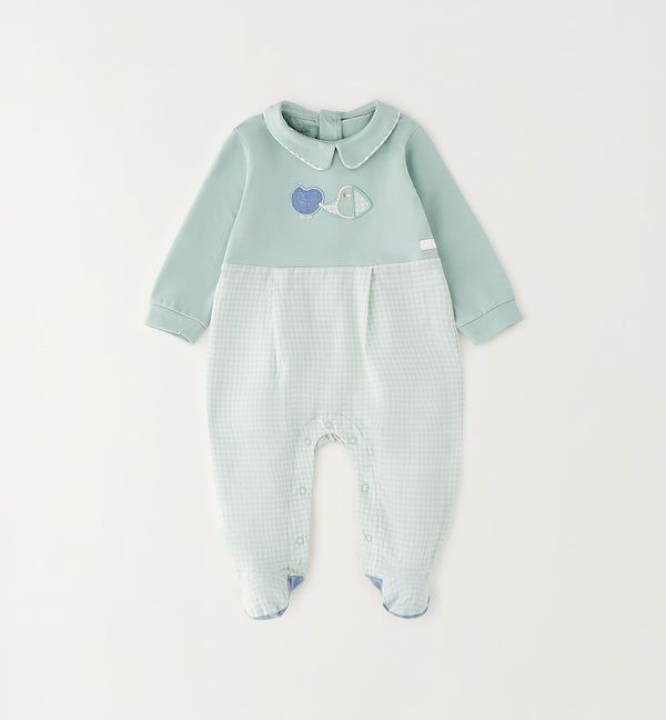 tutina neonato cotone verde acqua con ricamo uccellini e colletto elegante