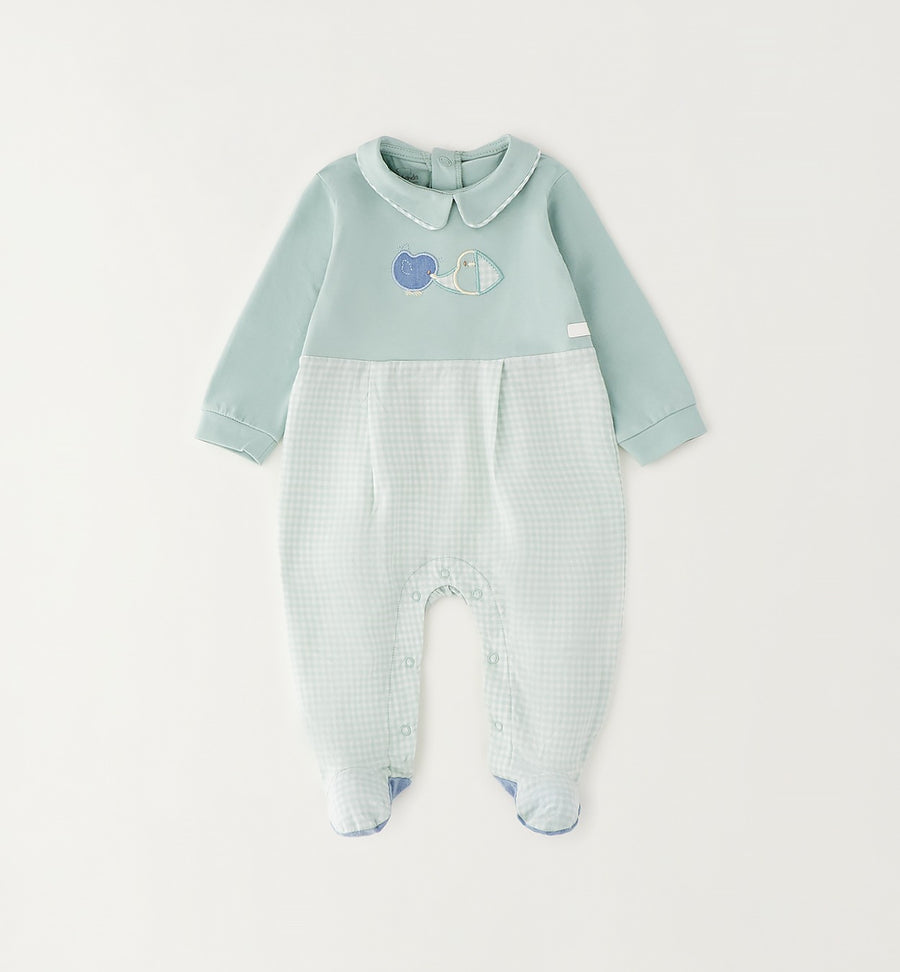 Tutina neonato in cotone con ricamo uccellini e colletto elegante