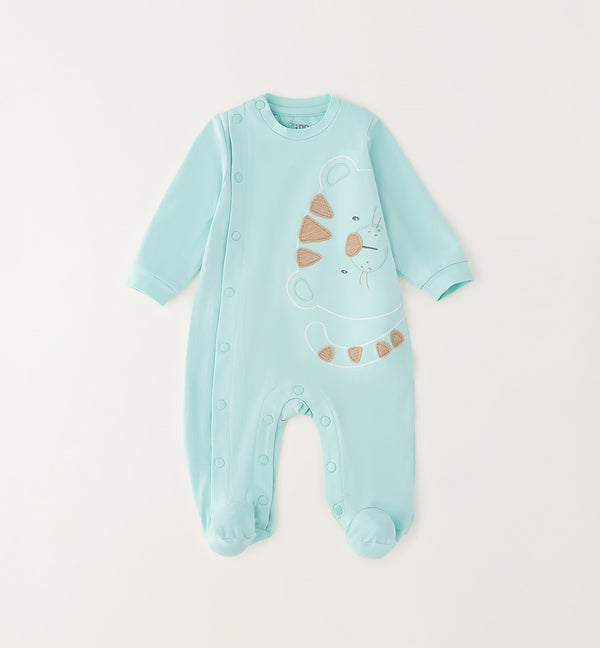 Tutina neonato 100% cotone verde acqua con applicazione tigrotto