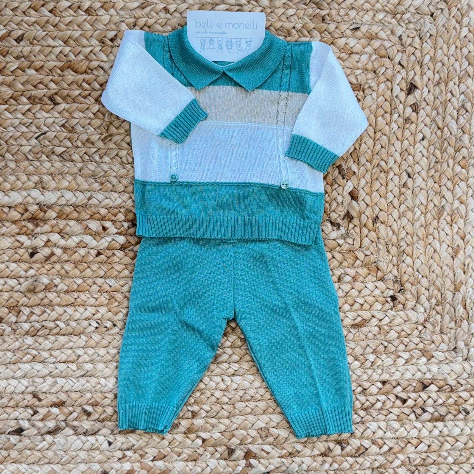 tutina neonato cotone verde acqua e panna con colletto elegante