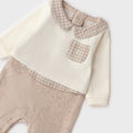 Tutina neonato in ciniglia beige e panna con colletto pied de poule e taschino per corredino nascita
