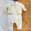 Uscita clinica neonato in lana merino panna e azzurro con copertina e completo coordinato