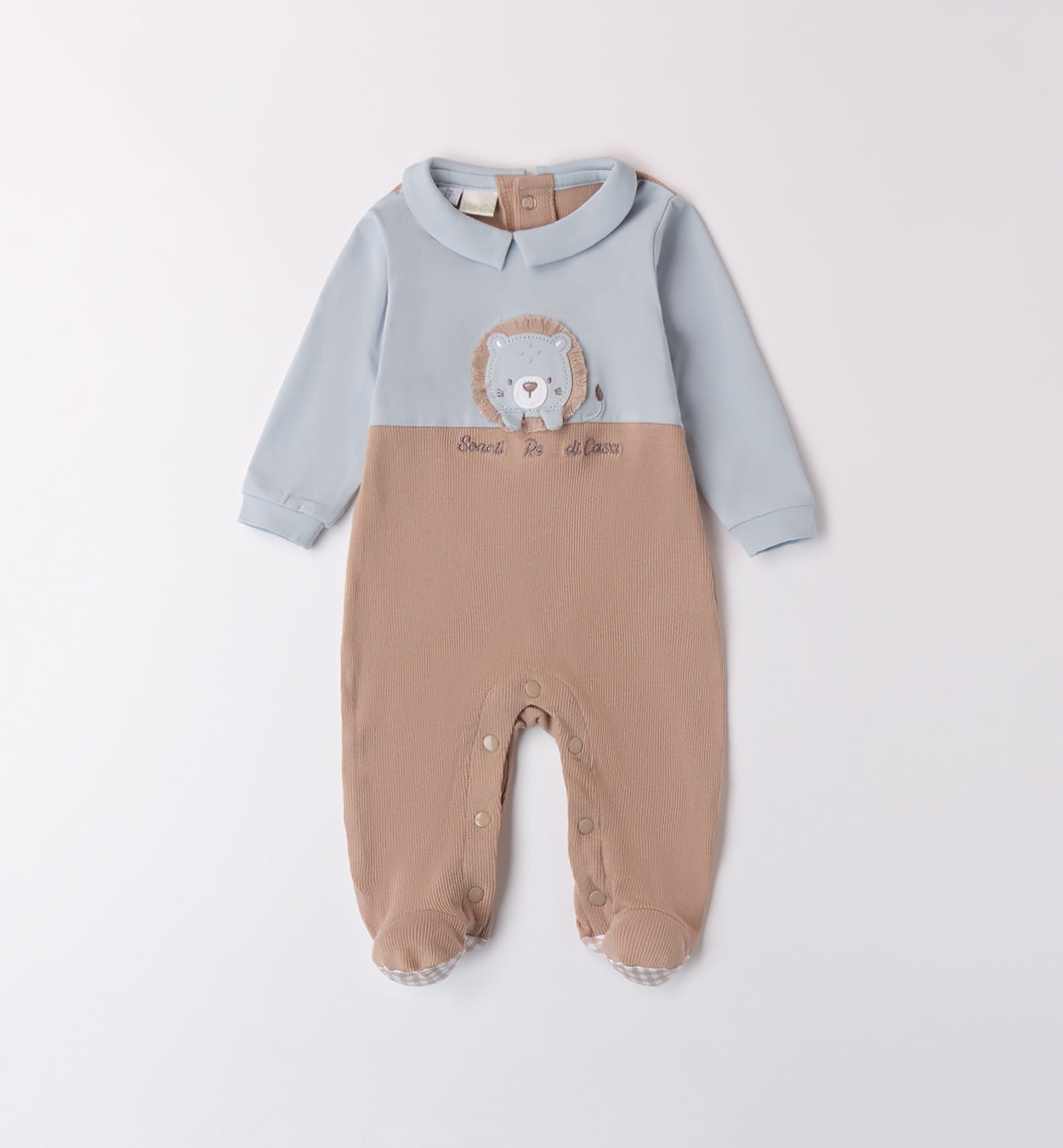  Tutina neonato beige e azzurra con colletto e ricamo leoncino