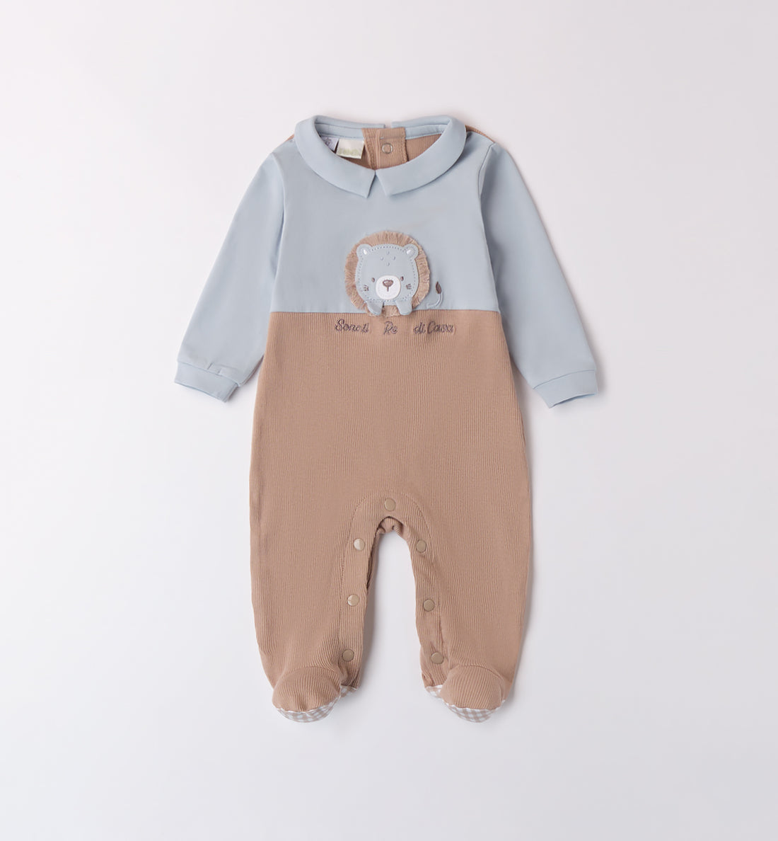  Tutina neonato beige e azzurra con colletto e ricamo leoncino