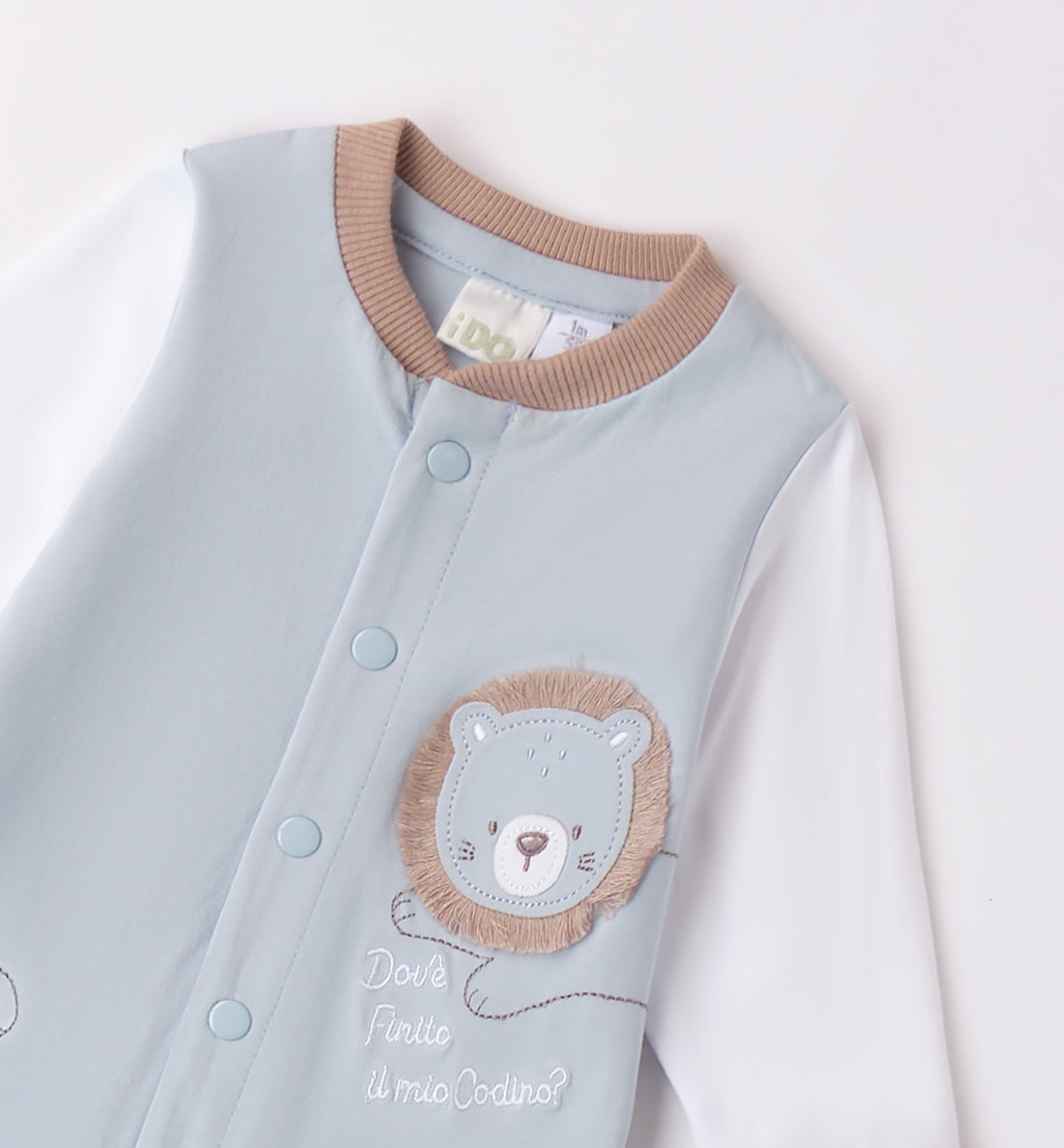 Tutina neonato azzurra iDO con ricamo leoncino fronte