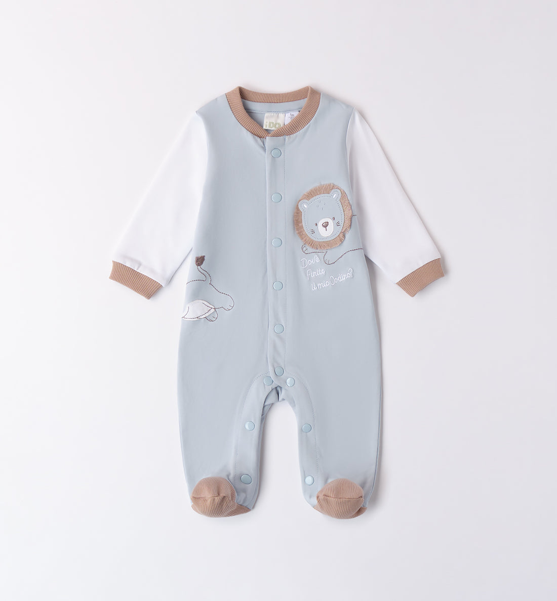 Tutina neonato azzurra iDO con ricamo leoncino fronte