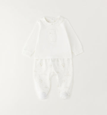 Tutina neonato bianca con orsetto e colletto