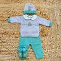 Tutina neonato in pura lana grigia e verde con maglia pantalone cappellino e scarpine coordinate