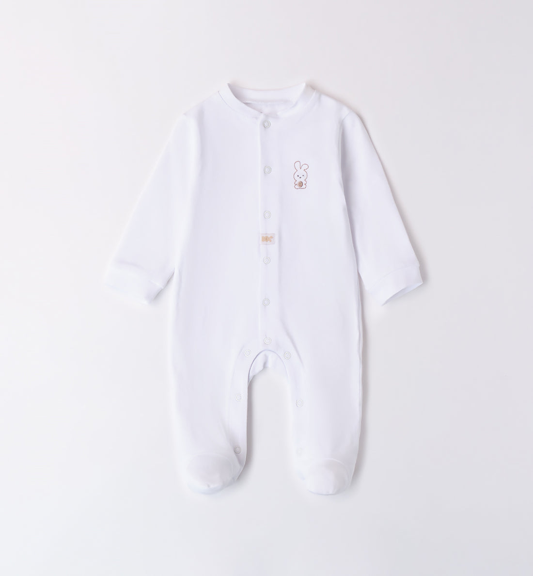  Tutina neonato unisex bianca in cotone con ricamo coniglietto e bottoncini