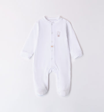  Tutina neonato unisex bianca in cotone con ricamo coniglietto e bottoncini