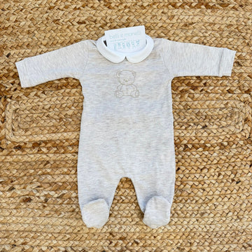 tutina neonato unisex in cotone beige con colletto bianco e ricamo orsetto