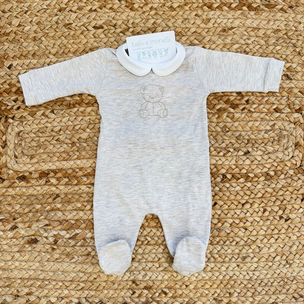 tutina neonato unisex in cotone beige con colletto bianco e ricamo orsetto