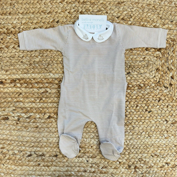 tutina neonato unisex rigata beige con colletto ricamato coniglietti