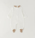 Tutina neonato in ciniglia panna e beige con ricamo cagnolino e palloncino, ideale per corredino nascita