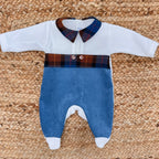 Tutina neonato in ciniglia panna e vellutino mille righe azzurro con colletto tartan

