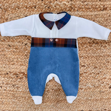 Tutina neonato in ciniglia panna e vellutino mille righe azzurro con colletto tartan

