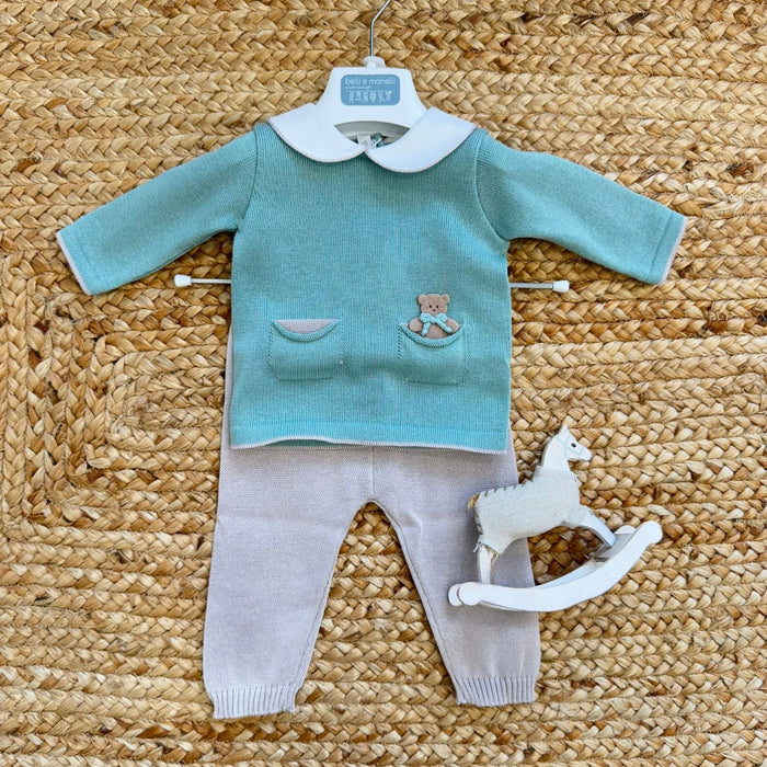 Tutina neonato verde in filo di cotone con colletto bianco