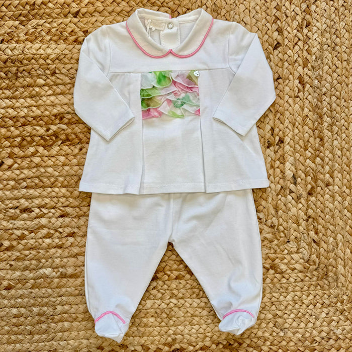 Tutina primaverile in cotone elasticizzato con colletto rosa e balza in organza multicolor per neonato
