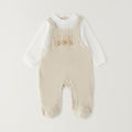 Tutina unisex neonato in ciniglia beige e panna effetto salopette con ricamo tre orsetti