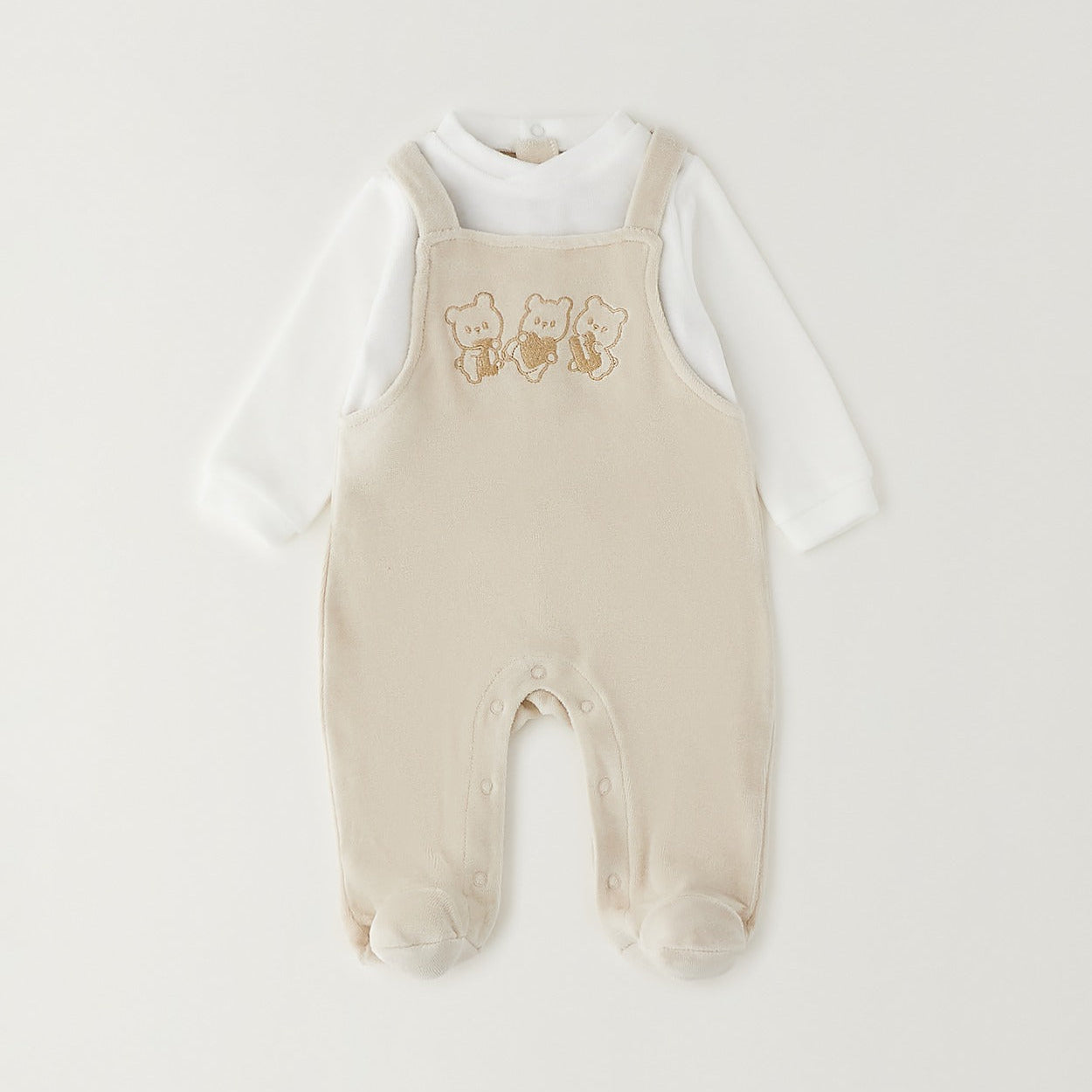 Tutina unisex neonato in ciniglia beige e panna effetto salopette con ricamo tre orsetti