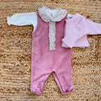 Tutina in velluto rosa antico con colletto floreale, senza cardigan – completino elegante neonata