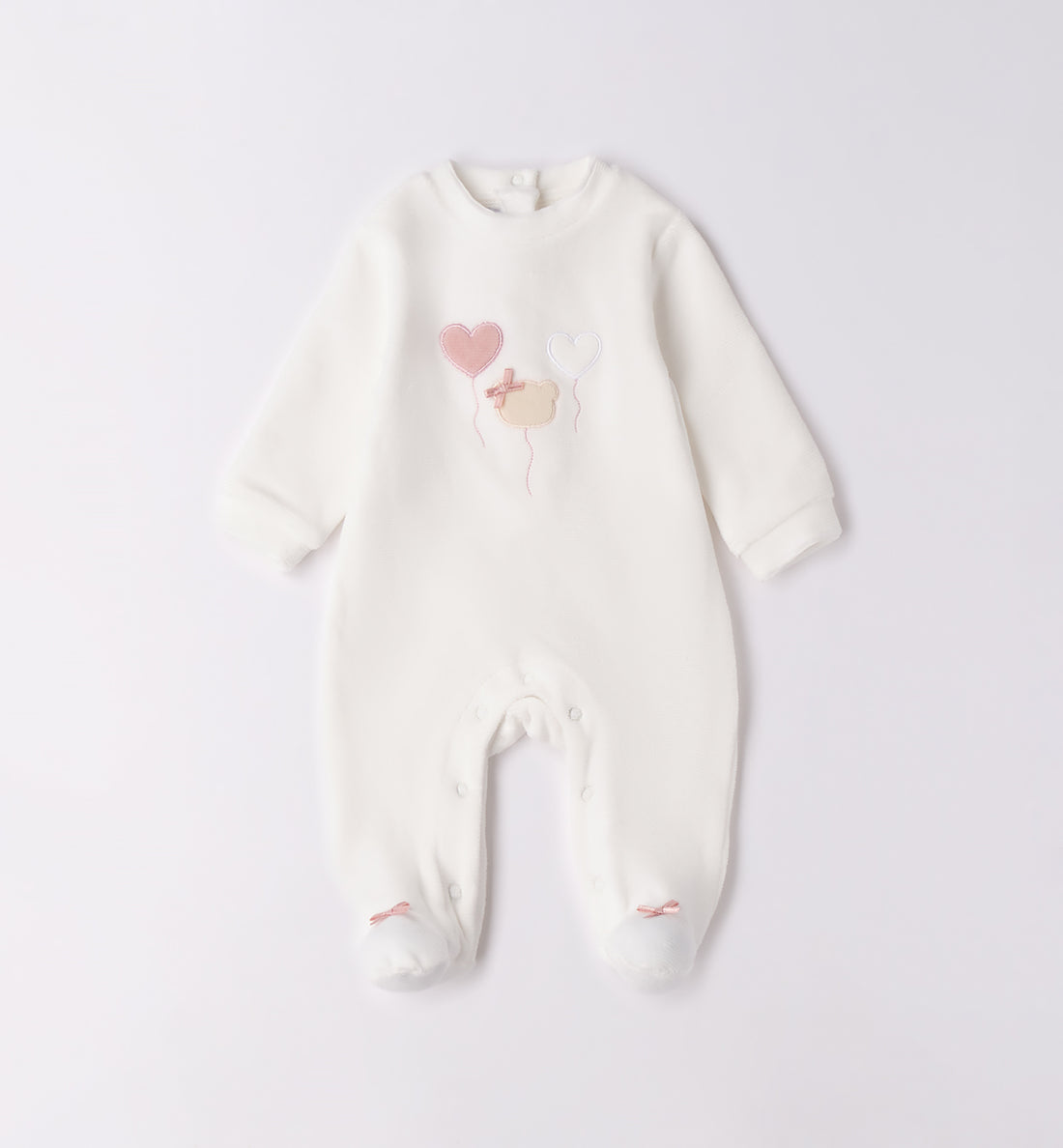 tutina caldo cotone neonata panna con ricamo cuori e orsetto fronte