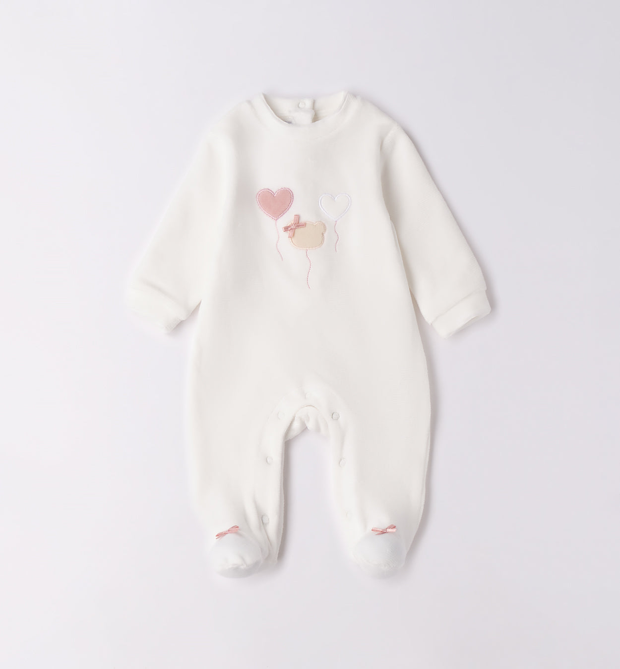 tutina caldo cotone neonata panna con ricamo cuori e orsetto fronte