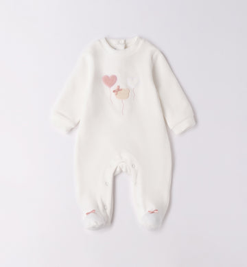 tutina caldo cotone neonata panna con ricamo cuori e orsetto fronte