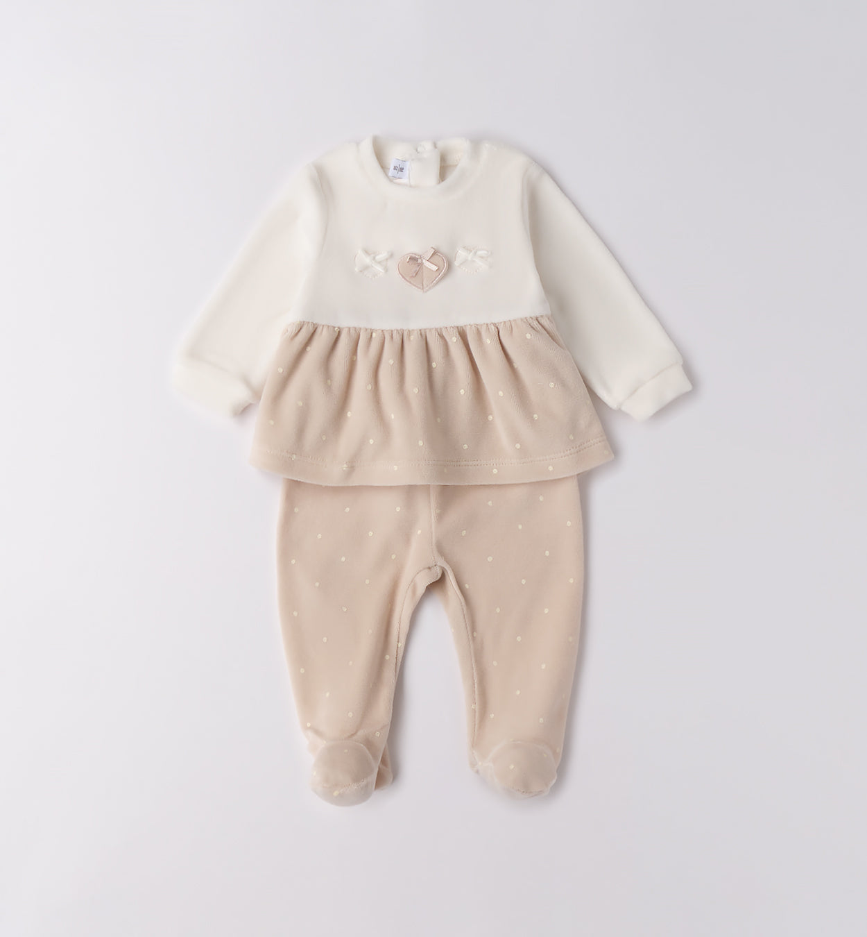 tutina ciniglia neonata panna e beige piegata con gonnellina a pois
