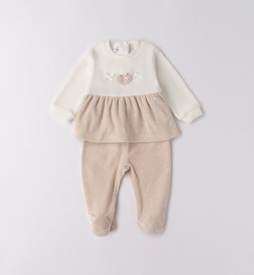 tutina ciniglia neonata panna e beige piegata con gonnellina a pois