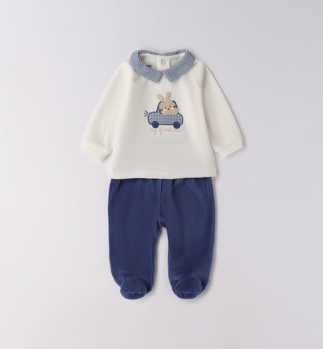 tutina ciniglia neonato con ricamo coniglio e macchinina blu