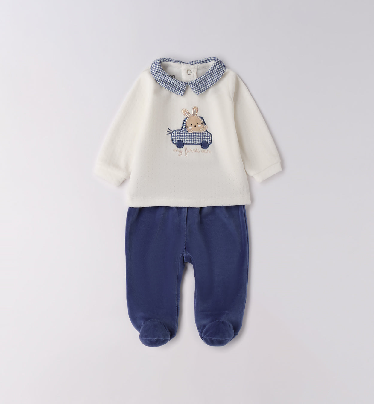 tutina ciniglia neonato con ricamo coniglio e macchinina blu