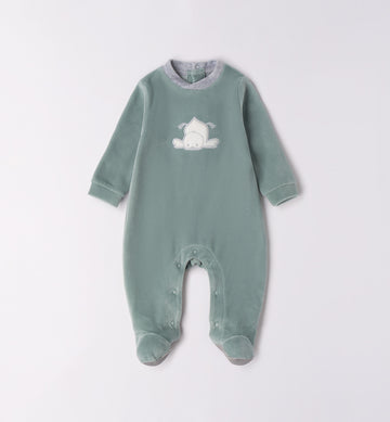 tutina ciniglia neonato verde salvia ricamo orsetto fronte