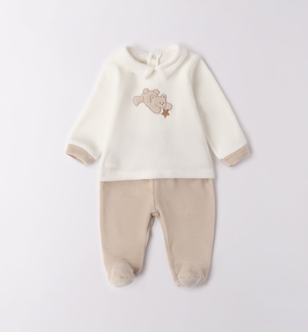 tutina ciniglia unisex panna e tortora con orsetto fronte