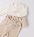 tutina due pezzi neonata panna e beige con cuoricino e fiocco