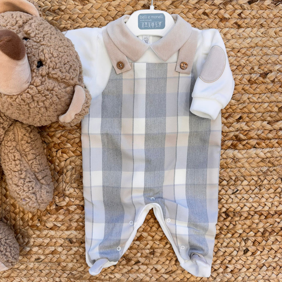 tutina in caldo cotone grigia a quadri con collo beige neonato