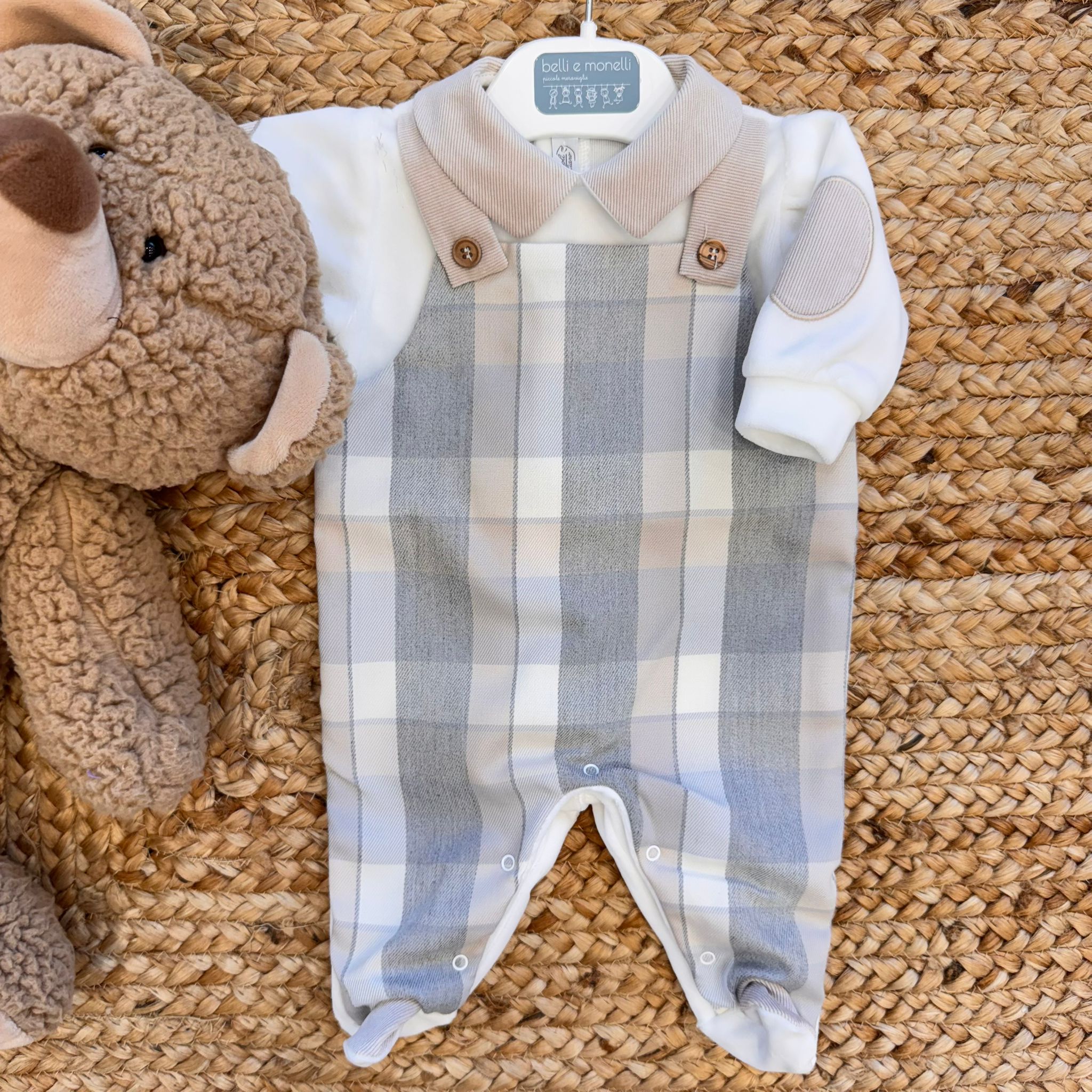 tutina in caldo cotone grigia a quadri con collo beige neonato