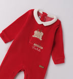 tutina in ciniglia rossa unisex con ricamo orsetto e scritta il mio primo Natale