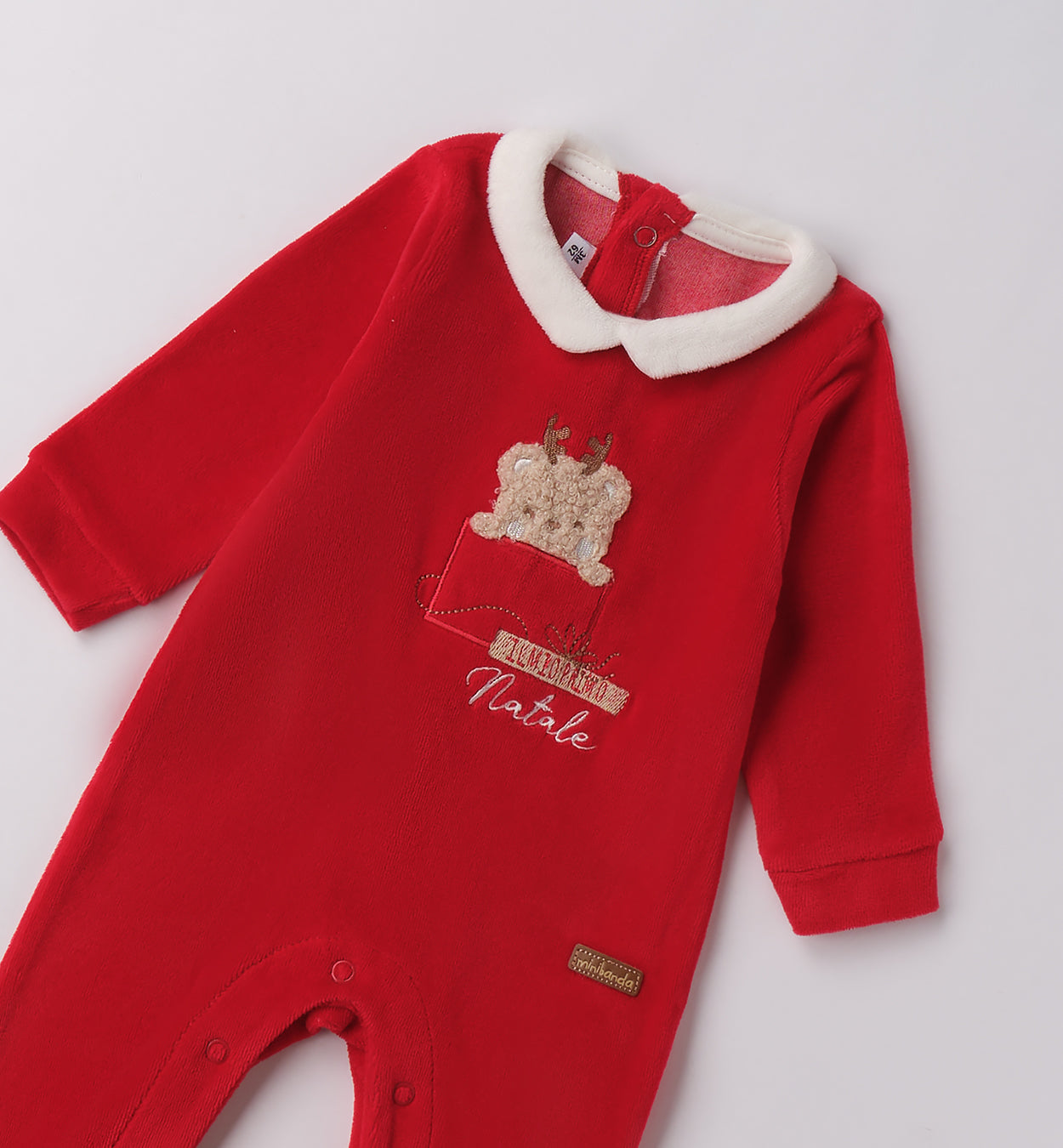 tutina in ciniglia rossa unisex con ricamo orsetto e scritta il mio primo Natale