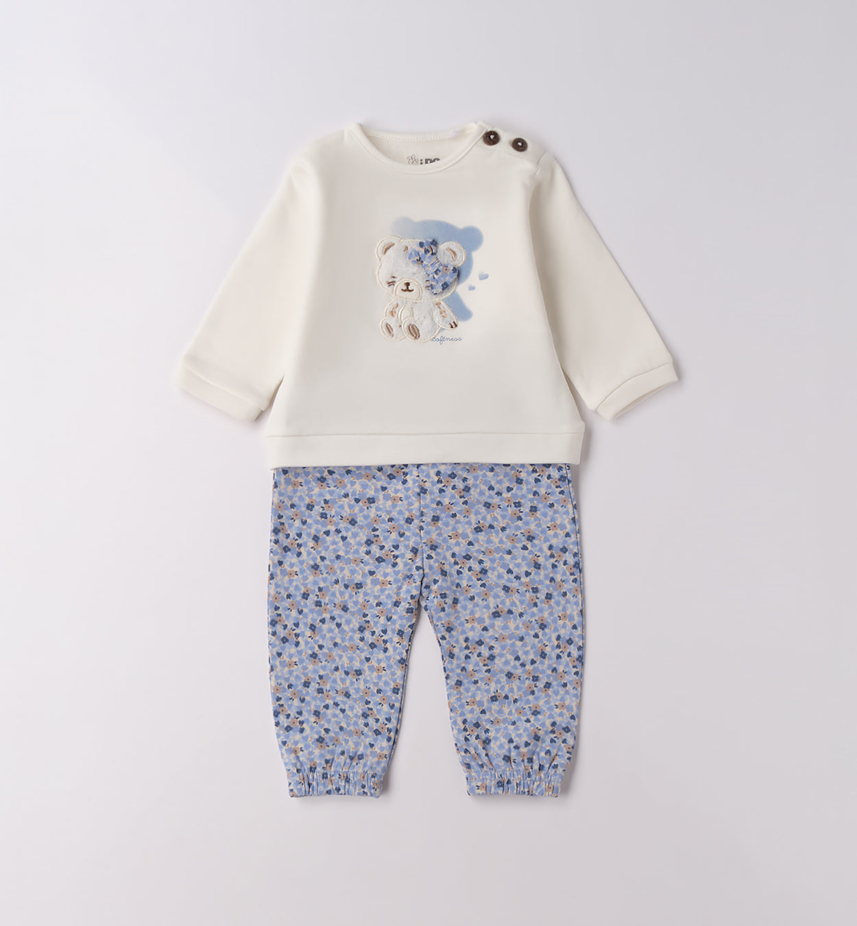 tutina neonata caldo cotone panna e azzurro fronte con orsetto