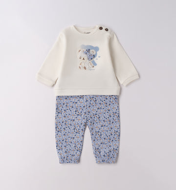 tutina neonata caldo cotone panna e azzurro fronte con orsetto