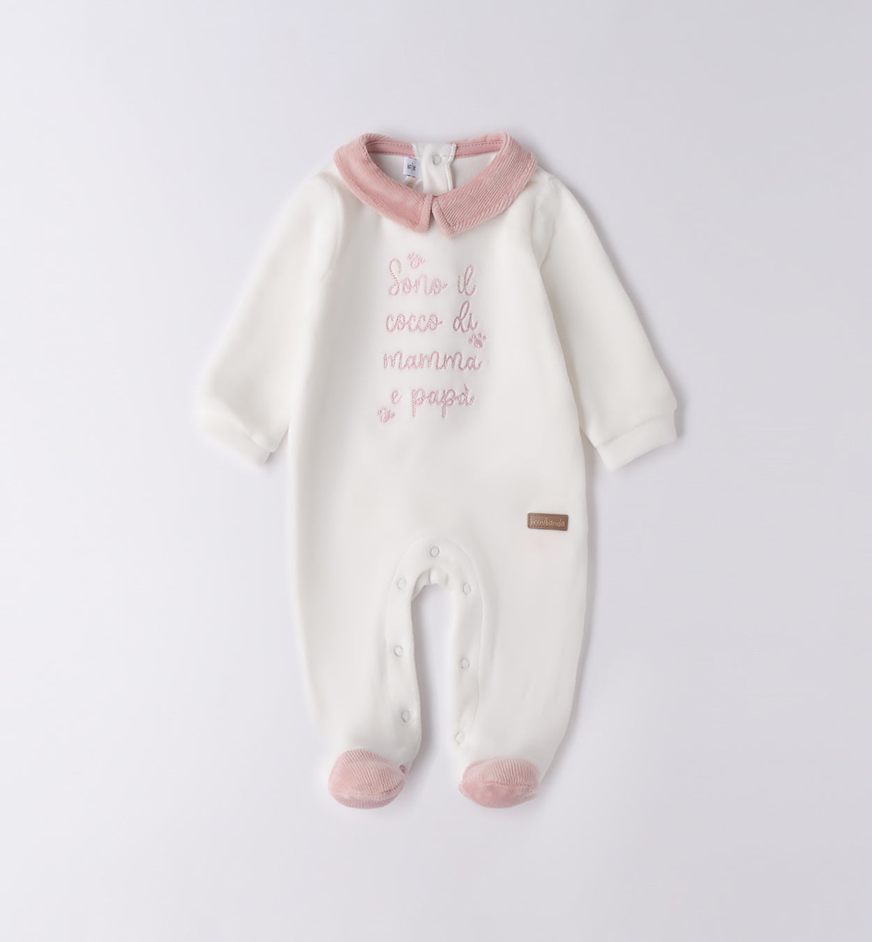 tutina neonata caldo cotone panna e rosa con scritta ricamata