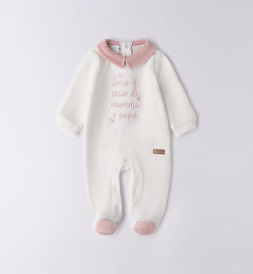 tutina neonata caldo cotone panna e rosa con scritta ricamata