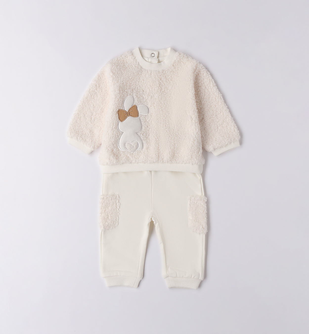 tutina neonata due pezzi in caldo cotone panna con coniglio e fiocco