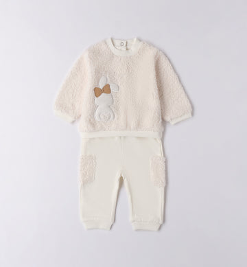 tutina neonata due pezzi in caldo cotone panna con coniglio e fiocco