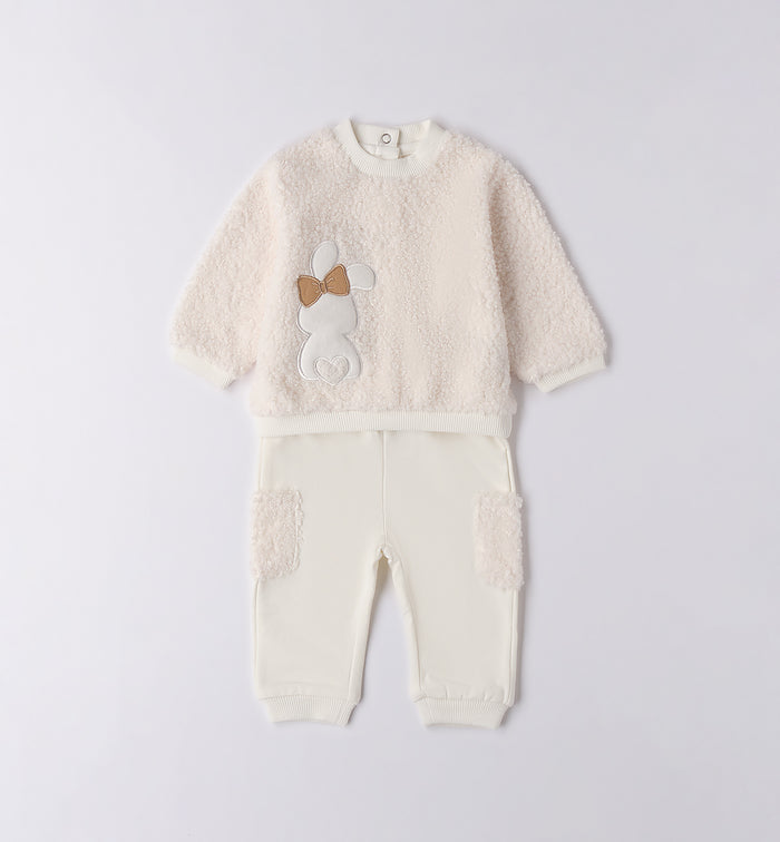 tutina neonata due pezzi in caldo cotone panna con coniglio e fiocco