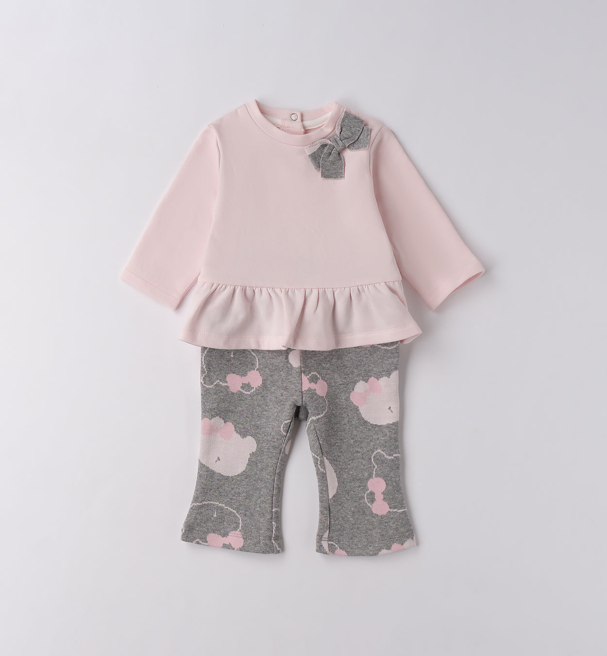 tutina neonata due pezzi in caldo cotone rosa e grigio con fiocco e pantaloni fantasia