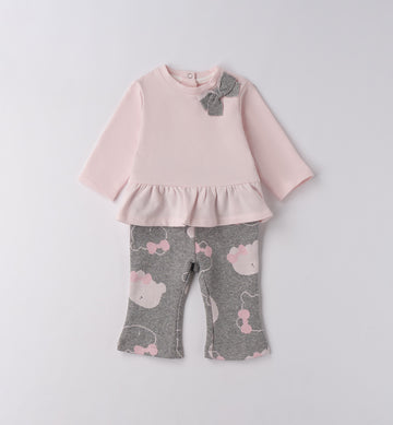 tutina neonata due pezzi in caldo cotone rosa e grigio con fiocco e pantaloni fantasia
